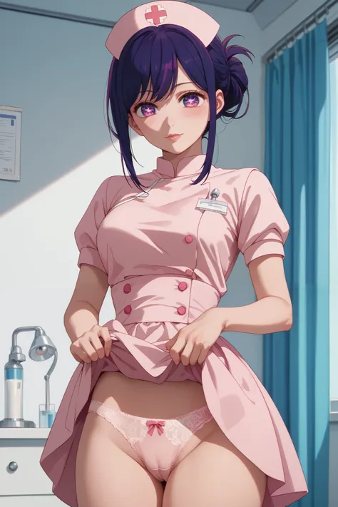    Masterpiece ,    best quality, 1,Ai Hoshino, Look at the pink lace panties,  from the front , nurse uniform ,  lifting his uniform, purple hair,  hair tied behind ,  thin waist, Beautiful body,  very detailed eyes 