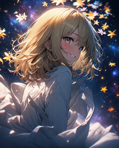 ((masterpiece)), ((high resolution)), ((best quality)), (ultra-detailed),18age、blonde Hair Girl、 medium hair 、In the cosmos field、Looking Back、Smiling