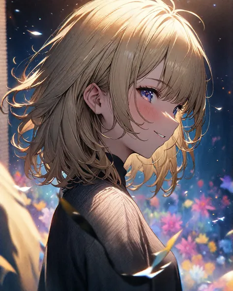 ((masterpiece)), ((high resolution)), ((best quality)), (ultra-detailed),18age、blonde Hair Girl、 medium hair 、In the cosmos field、Looking Back、Smiling