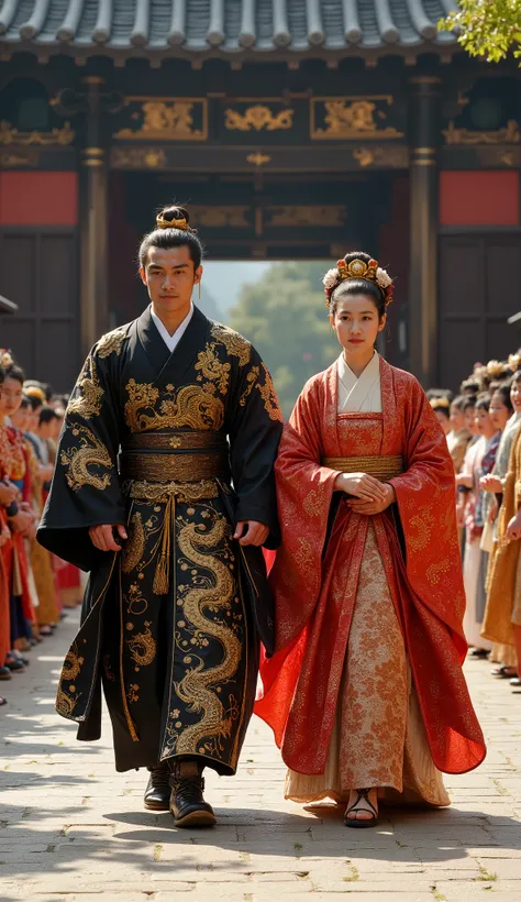 A handsome and charismatic Japanese king and a beautiful, graceful queen walk side by side through the grand courtyard of their 13th-century palace. The king, a tall and powerful man with a commanding presence, wears a regal black and gold kimono embroider...