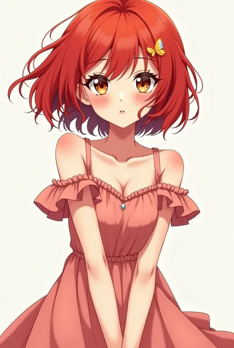 Red-haired woman with short and frizzy hair,  hazel eyes, dressed in a babydoll,  full body,  Anime style 