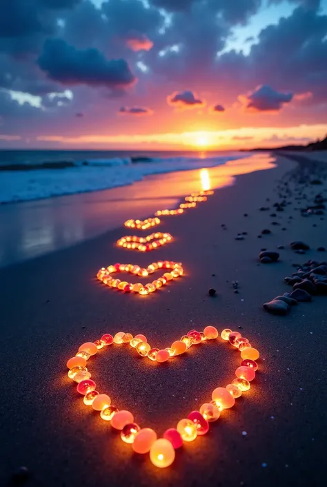 Here's a detailed prompt inspired by your image:  

**"A mesmerizing beach at sunset, where the sky is painted with deep blues, fiery oranges, and soft golden hues. A heart-shaped design is drawn in the sand, surrounded by smooth, multicolored pebbles that...