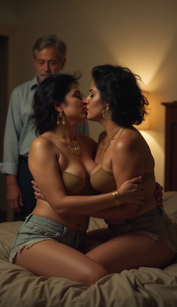 Two Indian mature aunty's on their kissing,on bed, wear a low waist shorts with old man standing next to her, High Resolution, UHD, Short Hair, Large breasts, Breasts, Earrings, 