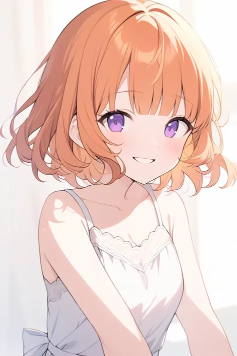 1 girl, orange hair, wavy short hair with bangs, purple eyes, white sundress, warm expression, smiling, hd, accurate 100%