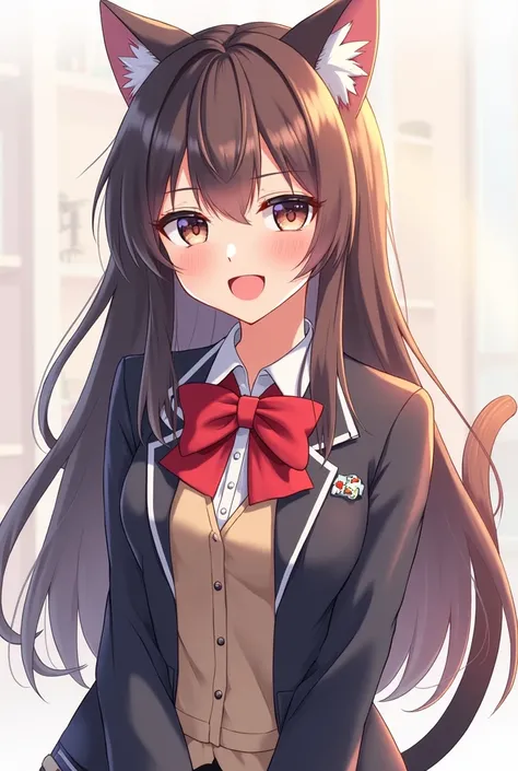  Anime Girl in a school uniform with a cat ears and a red bow, seductive  Anime Girl,   Beautiful Anime High School Girl  , attractive  Anime Girl,   anime Moe art style ,  ecchi anime style ,   Anime Best Girl  ,  Kitagawa Marin Fan Art ,  Anime Girl,  An...