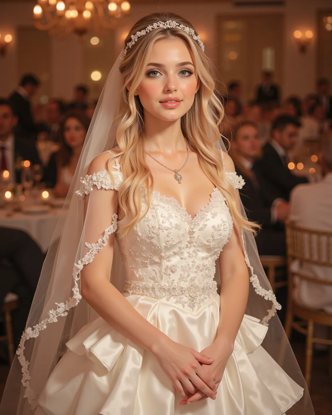 Main scene:
"Solo posing for photo in Wedding party, soft lighting with warm tones.

Person (female):

Ch1ldgirl Female (14-years-old), small stature (1.40m approx.).
Bright blue eyes, pale skin without imperfections.
Straight blonde hair long well combed....