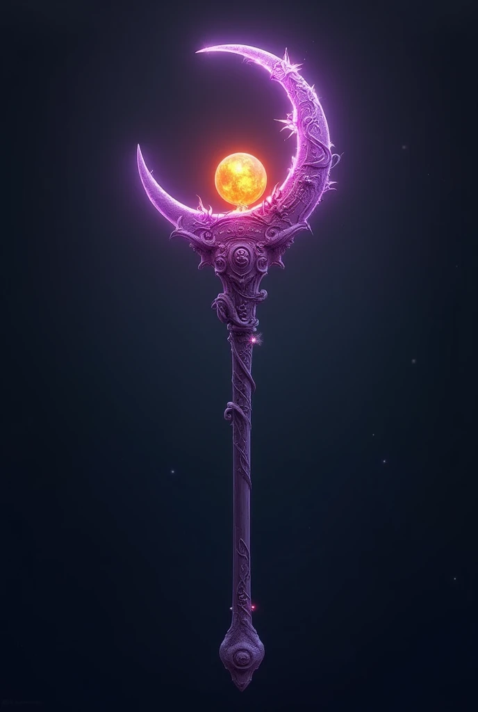 A purple magical staff with a crescent moon shape tip with orange orb in the middle 