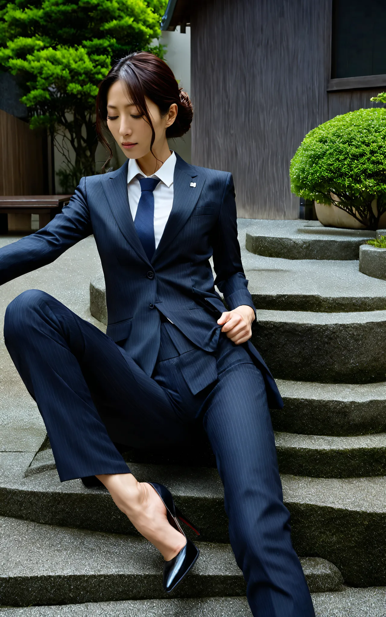 ((最 high quality, 8k,  masterpiece: 1.3)),  photorealistic,  sharp concentration,  high quality,  high image quality,  portrait, Alone, Japan,   audience intuition ,  beauty, 43 years old,  Skinny Body ,  wave hair,  Women's Business Suits , Wrinkles aroun...