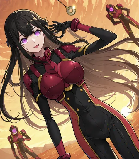  1 girl, Alone, Hina Ryazan ,   black hair,   very long hair,  purple eyes,  smile,  Open Your Mouth, narrow eyelet ,  big breasted,  mecha pilot suit ,  black bodysuit ,  breastplate,  is standing,  hand in hair , cowboy shot,  Watch viewers,  straight,  ...