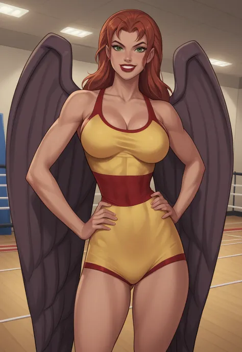 safe_pos, PonyXLV6_Scores BREAK ((retro artstyle, parody)), perfect anatomy, cowboy shot) shayera hol, wings, long hair, green eyes, ((looking at viewer)), superhero, bare shoulders, yellow wrestling singlet, curvy, toned, athletic, large breasts, standing...