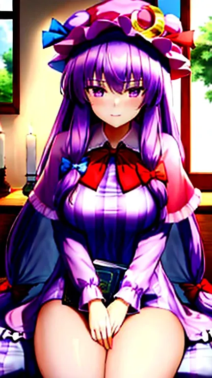 {{masterpiece, ultra-high quality, ultra detailed,}} patchouli_knowledge_touhou, long_hair, purple_hair, crescent, purple_eyes, ribbon, hat, bow, bangs, mob_cap, hat_ornament, crescent_hat_ornament, hair_bow, red_bow, blue_bow, book, red_ribbon, capelet, h...