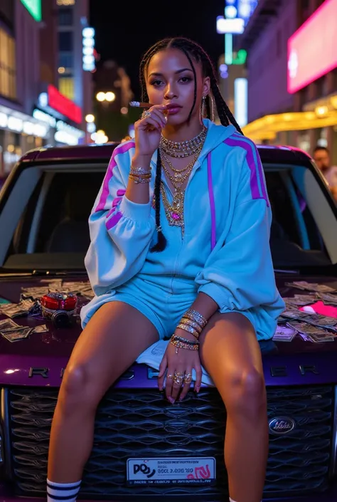 A very pretty and attractive  young, light-skinned woman, positioned in the mid-ground, sits on the hood of a dark-purple Range rover SUV. She is centrally located in the image and is facing the viewer.  The woman's expression is calm, yet slightly defiant...