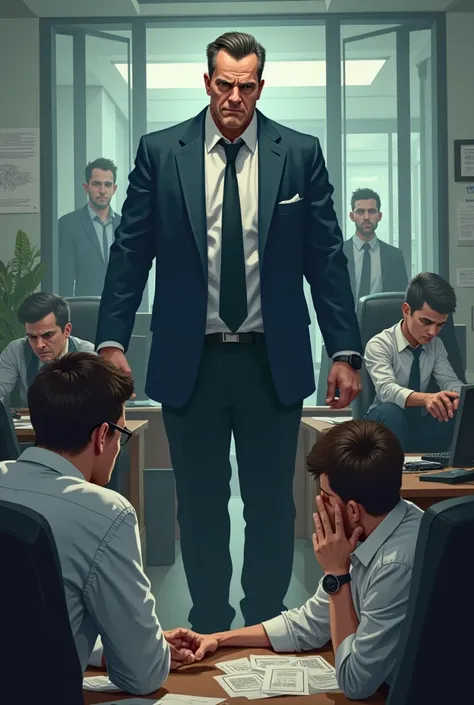 Generate an image in vector design showing a situation of workplace harassment, Where can you capture a boss dressed in a suit overloading his employees and employees with office work