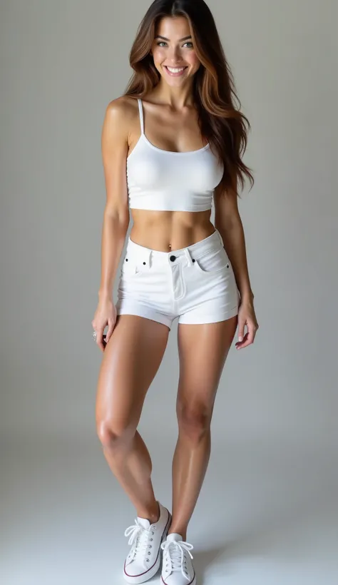 (masterpiece, high quality, high resolution, photorealistic, ultra realistic), full body image, head to toe image, beautiful college student, mixed race, white skin, hourglass body, light blue eyes, long straight brown hair. She is looking directly at the ...