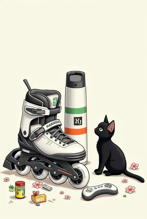 A drawing of inline skates with a thermos, with a , with a small portable speaker, with a Wii controller, With some Halls pills, with a green, yellow and red flag, With some pink flowers,  with a black kitten  