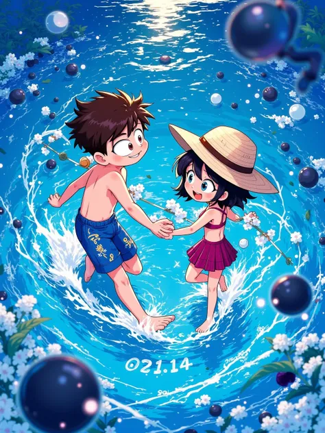 Q-version couple chasing in cobalt gradient seawater, boy's swim trunks patterns fragment into surfboard-shaped Daruma dolls from "Hyakki Yagyo", girl's bikini straps particleize into fluid trails blending koi fins and firefly lights. Floating glass marble...