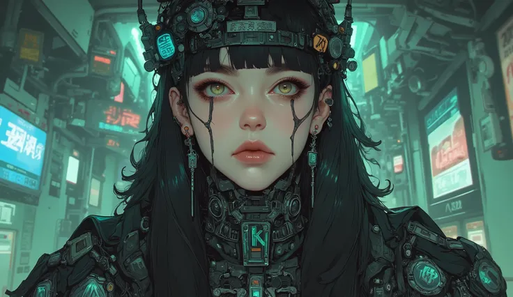  top quality　Ultra delicate　 Japanese Anime Anime　 waist shot　A cute girl alone　　Strong shadows 　 strong contrast 　Cyberpunk　Inappropriate facial expression　 white skin　 green eyes