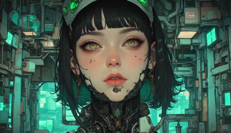  top quality　Ultra delicate　 Japanese Anime Anime　 waist shot　A cute girl alone　　Strong shadows 　 strong contrast 　Cyberpunk　Inappropriate facial expression　 white skin　 green eyes