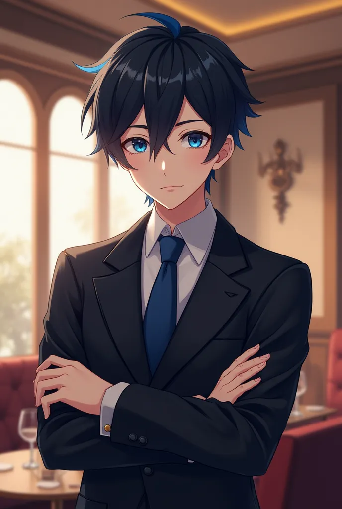 25-year-old anime boy with black hair and a blue tuft and a waiter's suit and with navy blue eyes 