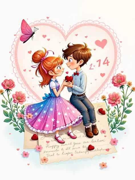 Transparent watercolor texture, White space artistic processing. Q version couple sitting on a letter written by a feather pen, Girl's skirt is dyed into a pink and blue starry sky, Boy's bow tie turns into a butterfly and rests on his shoulder. Floating d...