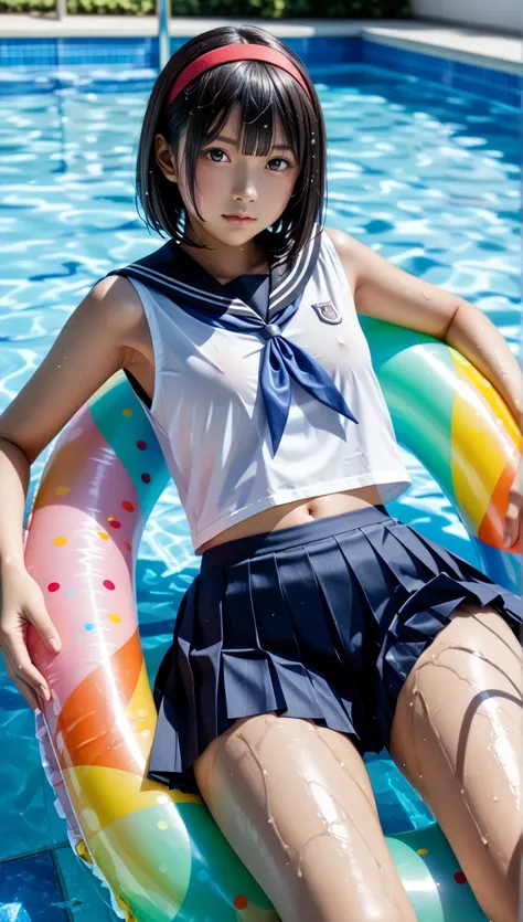 (((( 1 wet girl lying on a float in the pool、prone born、 wet slender body 、濡れたThin thighsをクローズアップする))))、((((extreme-upThin thighs、Thin thighs、 Low Angle Back Shot、 dark skin))))、 photography,  by Nomi,  top quality,  detailed face, リアルなYoung Idol,  super r...