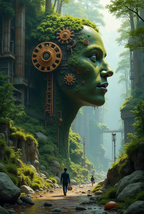 Nature and Machine Imagery: nature and machine art" or "gears in nature' such as trees with gears or animals with machines, in forest background,like after disrupting nature, Polluted nature