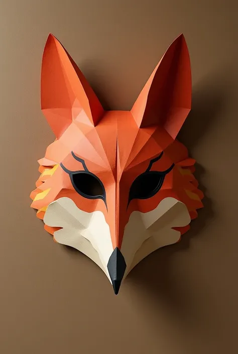 there is a paper fox mask on a wall with a brown background, an album cover by Adam Chmielowski, featured on polycount, folk art, barn owl mask, owl mask, kitsune mask, tengu mask, bird mask, ad image, beaked mask, with symmetrical head and eyes, sfx, wear...