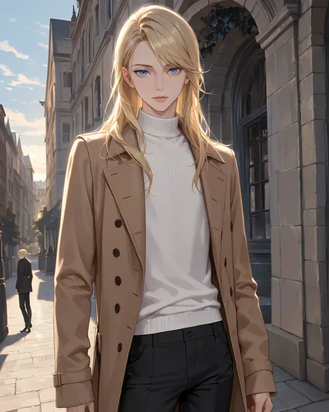 solo, long hair, looking at viewer, blue eyes, bishounen,skinny,lips,portrait,swept bangs, blonde hair, long sleeves,formal, 1 boy, white shirt, male focus, sweater, black pants, open coat, brown coat,scenery,outdoors,