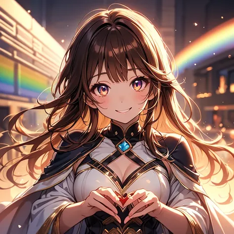 1girl,insanely detailed, masterpiece, best quality, detailed, ultra detailed, beautiful, smiling, blunt bangs, shiny brown hair,, brown hair,  gradient eyes, rainbow gradient、Valentine、cute