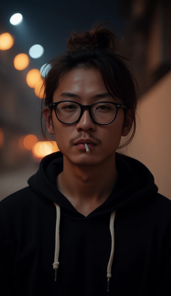 A young Asian man with a high, loose man bun hairstyle and round, thick-framed black glasses. He has a contemplative expression, holding a cigarette between his lips. He wears a black hoodie with white drawstrings. The background is dimly lit, creating a m...