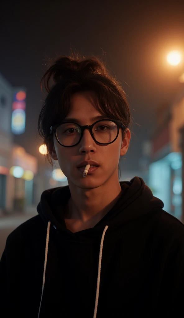 A young Asian man with a high, loose man bun hairstyle and round, thick-framed black glasses. He has a contemplative expression, holding a cigarette between his lips. He wears a black hoodie with white drawstrings. The background is dimly lit, creating a m...