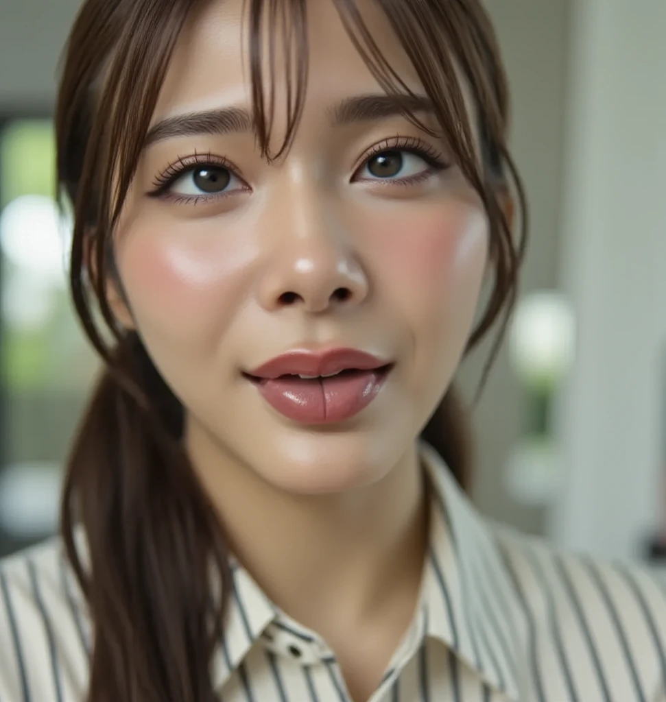   The image is a portrait of a young Asian woman with long brown hair and bangs .  she is looking directly at the camera with a serious expression .   She has a faint smile on her lips 、 is wearing a white blouse with black stripes .   background is blurry...