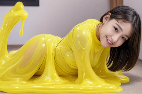 ((Masterpiece,  top quality, extremely delicate ,  perfect face,  detailed eyes,16k,   High Definition  ,  raw photo,Very cute yellow slime girl )),((   body of high viscosity yellow slime :2.0  , the whole body is covered with jiggly melted yellow slime s...