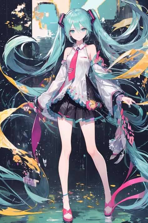 ( masterpiece,  top quality ,  top quality),  pixel , pixel  art, 1 girl,  Hatsune Miku, full body,