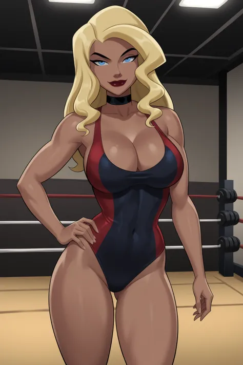 PonyXLV6_Scores BREAK ((parody), perfect anatomy, perfect eyes, cowboy shot) BREAK dinah lance, long hair, blond hair, blue eyes, dark-skinned female,  ((looking at viewer)),  black choker, cleavage, black wrestling singlet, large breasts, curvy, toned, at...