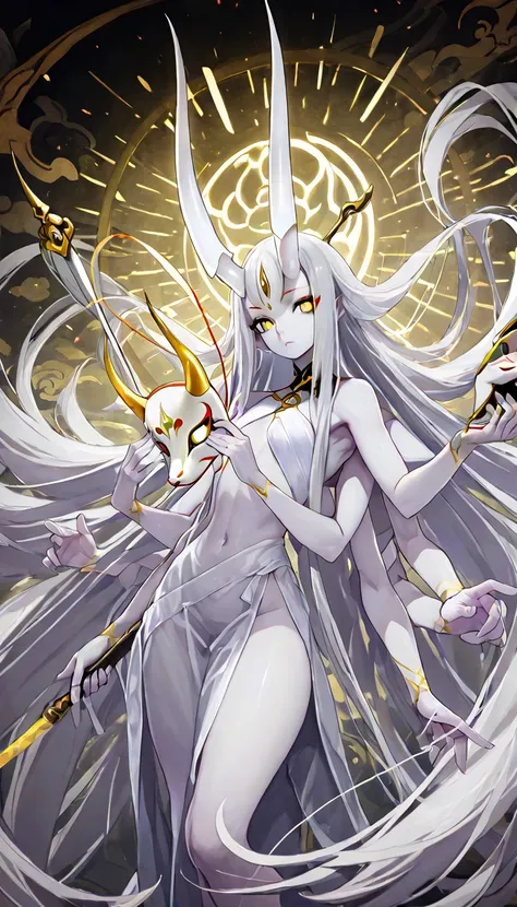 Humanoid creature, pale skin, very long hair, long horns, yellow eyes,  extra arms, holding a mask