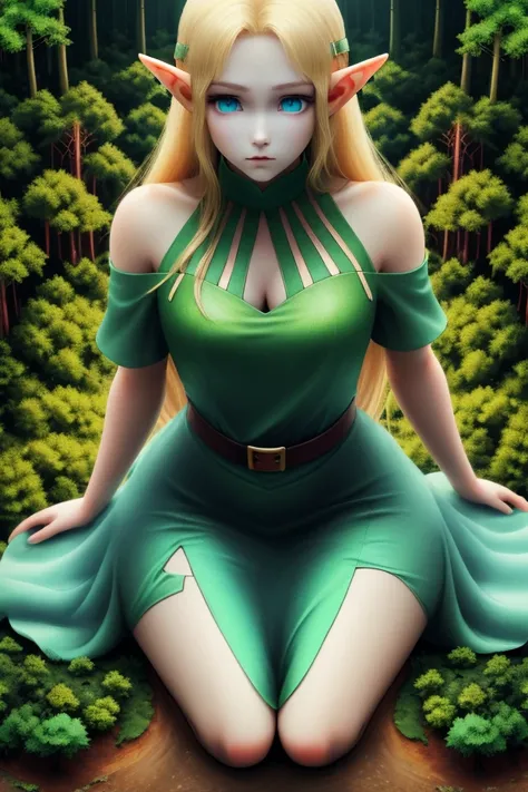 elf Girl Too Huge ,long hair, blonde, blue eyes, big eyes, pale skin, slender, rainbow gradient dress, (The Forest Is Too Small:1.5),sitting on the floor ,aerial view, anime, GTS