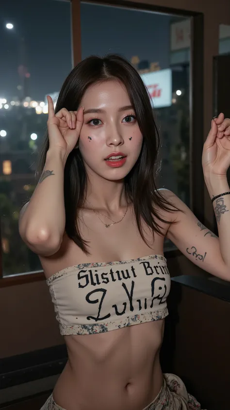 NSFW,
Film camera depiction,
Taken with a high-dispersion high-end lens,
Wide-angle lens,
Full-body shot,

at night,
A beautiful Korean girl is attracting customers at in the slums,
Her face has large burn scars,
((The burn scars have become ugly keloid sc...