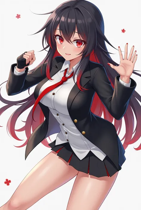 anime young adult girl, long black hair with red highlights, red eyes, black unbuttoned uniform jacket with white shirt and red tie underneath, black miniskirt, bare feet, black fingerless gloves, red manicure and pedicure, fighting pose