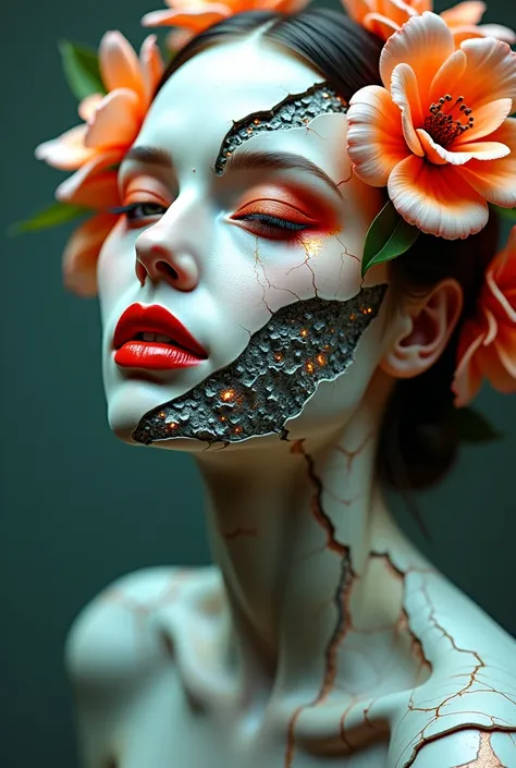 

Cracked floral mask, red lips too bold, vines creeping through fractures—organic or artificial, beauty or ruin

A Beautiful Real Looking Woman with stretched plastic skin, her opalescent face split with fractures in the cracks runing fire, side of her fa...