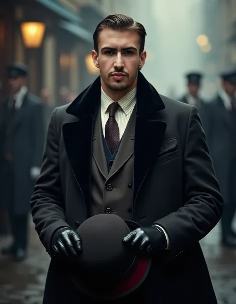 man is dressed in elegant attire with a classic style reminiscent of the 1920s or 1930s. He is wearing a long dark overcoat with a black velvet collar, underneath which is a formal vest and a patterned tie. He has black leather gloves on his hands and is h...