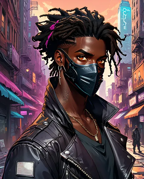 (masterpiece), (best quality), (Highres), Detailed, (Inricate Details 1.2), (Hyper Detailed 1.4), (Ornate Digital Art 1.2), (detailed background:1.2, post-apocalyptic city, black and blue sky),((dark skin, handsome face,cool facemask, smiling)) (((black:1....