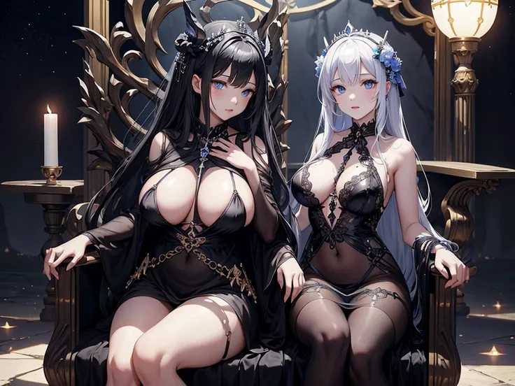 Queen of the Underworld、 Persephone 、 Greek mythology、Throne、throne, black see-through dress、 naked is transparent 、 big breasts、 Slim waist、Black shiny long hair、 white skin、 blue eyes、、sexy girl 
