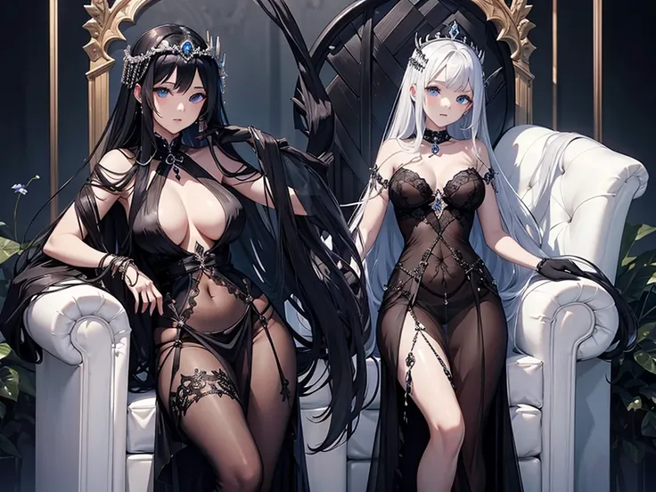 Queen of the Underworld、 Persephone 、 Greek mythology、Throne、throne, black see-through dress、 naked is transparent 、 big breasts、 Slim waist、Black shiny long hair、 white skin、 blue eyes、、sexy girl 
