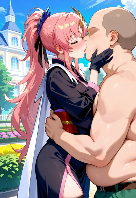 score_9,score_8_up,score_7_up,score_6_up BREAK official art,solo,Lacus Clyne, pink hair,very long hair, ponytail,  bangs, sidelocks, hair ornament, Forehead, closed eyes, tears, Slender and sexy body, medium and pretty breasts, curvy body, , smile, open mo...