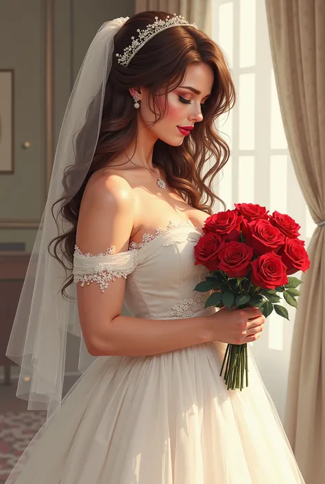  The most beautiful woman in the world, long and soft hair and blonds,  blue eyes, plump lips,  curvy body,  voluptuous,  medium breasts seductive brunette,  wearing a gorgeous wedding dress,  romantic,  elegant and sensual,  holding a bouquet of red roses...