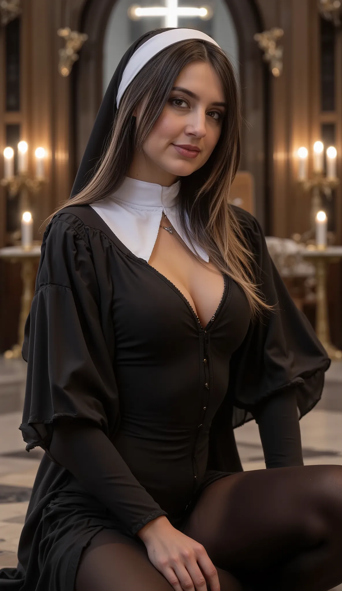 girl，seductive, Solo , fitted nun suit, Legging fabric , keyhole in suit that show her cleveage with a white border. Habit, Pantyhose, erect nipples, hard nipples , Cross , Warm Light , Candle, dim light , she is on her kneels praying, Satisfactiob facial ...