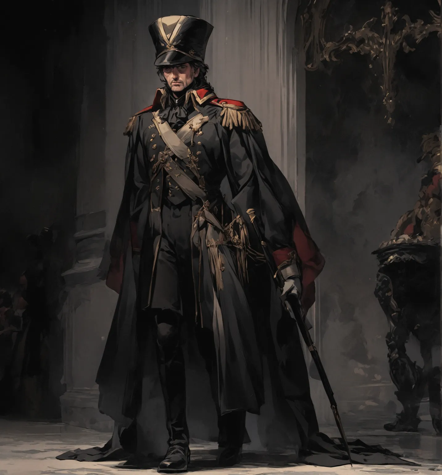 Full body portrait of a standing mature male french  revolution soldier in a uniform and hat, noir aesthetic. . The image must be in 8k
