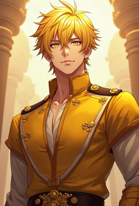  yellow hair  ,  yellow eyes  , , Anime, handsome,  strong structure  , A huge royal background , Very cool , A modern, powerful royal costume ,  Dynamic short hair  ,serious expression, نظرة حادة ، مراهق ،  Anime, male,   gold shirt for fair skin , ,  wid...