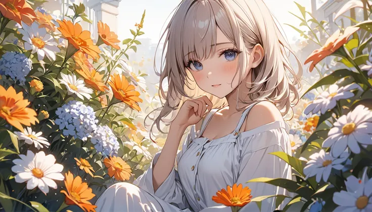 Masterpiece,  best quality,  Super Detail, cute girl,Surrounded by flowers, Calm Morning 